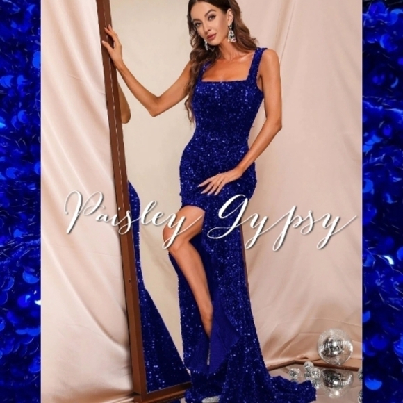 Blue Sequined Pendulum Special Event Maxi Dress - Picture 6 of 16